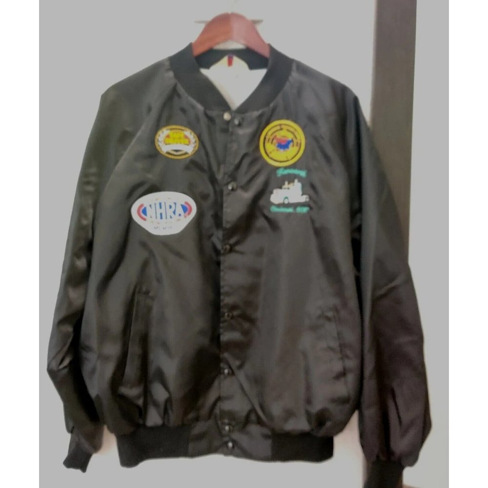Vtg West Ark Black Satin Snap Up Button Trucker Logo Patches Bomber Jacket 2XL